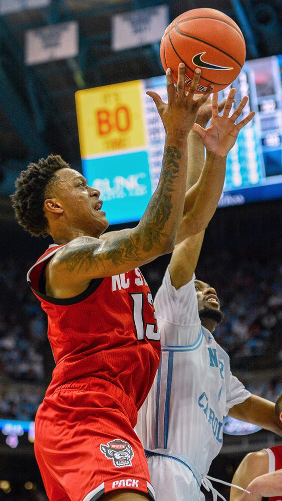 Junior guard C.J. Bryce goes for a layup during the game versus UNC-Chapel Hill on Tuesday, Feb. 5 in the Dean E. Smith Student Activities Center. Bryce scored 15 points and had 3 assists against UNC. The Tar Heels beat the Wolfpack 113-96.