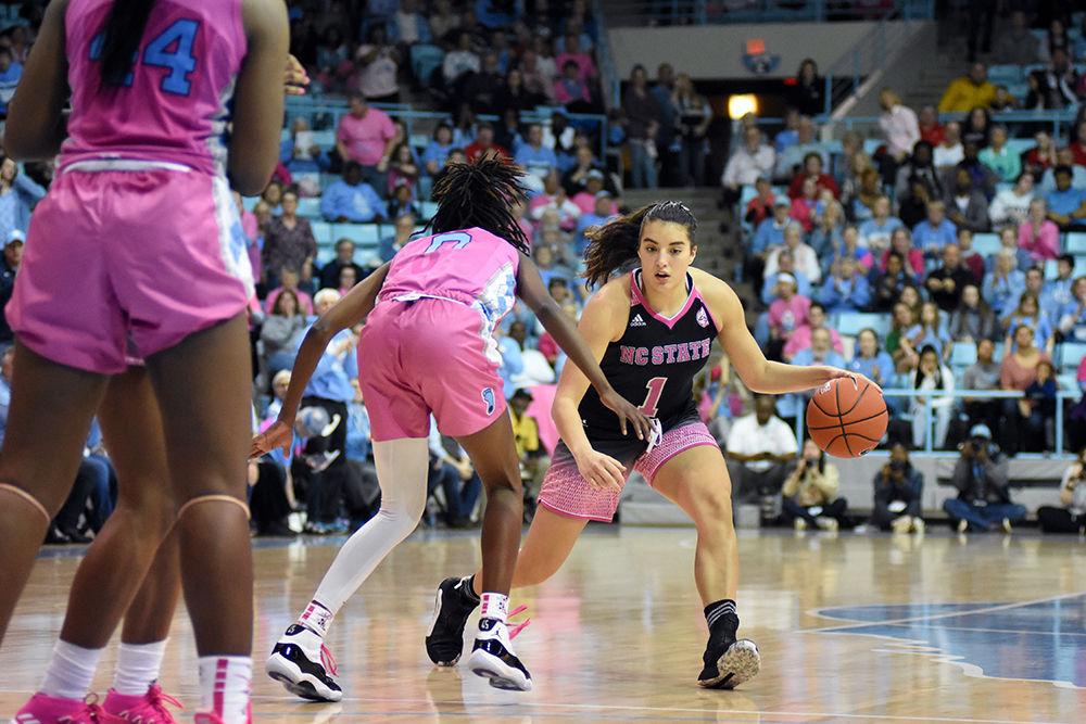 Junior guard Aislinn Konig runs with the ball during the game against UNC-Chapel Hill on Sunday, Feb. 24, 2019 in Carmichael Arena. The Wolfpack beat the Tarheels 74-69.