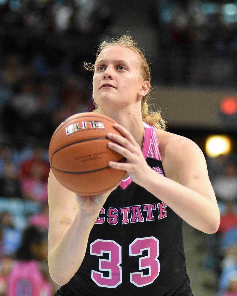 Freshman center Elissa Cunane prepares for a free throw during the game against UNC-Chapel Hill on Sunday, Feb. 24, 2019 in Carmichael Arena. The Wolfpack beat the Tarheels 74-69.