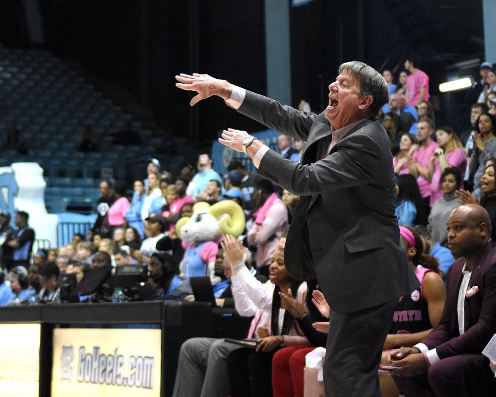 Women's basketball head coach Wes Moore directs his team during the final minutes of the game against UNC-Chapel Hill on Sunday, Feb. 24, 2019 in Carmichael Arena. The Wolfpack beat the Tarheels 74-69.