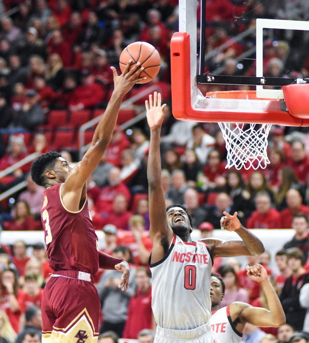Redshirt sophomore forward DJ Funderburk shuts down a shot attempt by Boston College at PNC Arena on Wednesday, Feb. 20, 2019. Funderburk had 17 points and 4 rebounds in the win against Boston College.