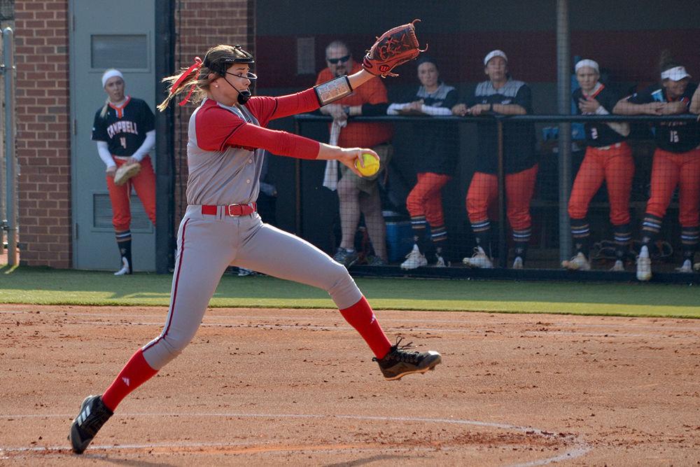 Devin Wallace, a sophomore pitcher, throws the ball during the game against Campbell University on April 11, 2018 in Dail Softball Stadium. The Wolfpack beat the Fighting Camels 6-5, for their twenty-first win of the season.