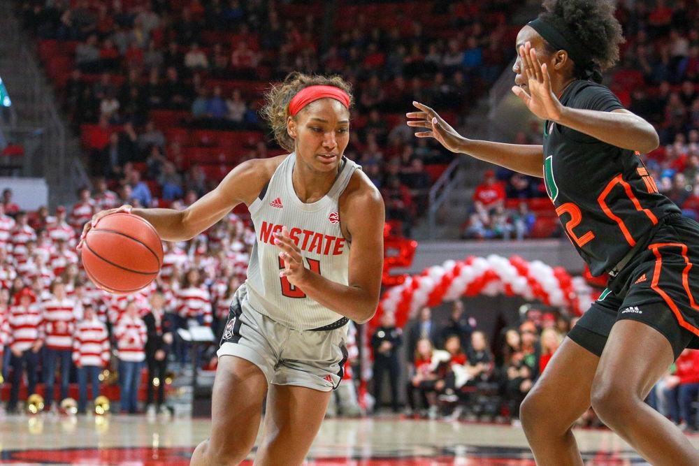 Senior forward DD Rogers drives into the paint. Rogers used her senior day to show off her prowess with a double-double, leading the team with 21 points and 14 rebounds. The Wolfpack were able to hold off a recalcitrant No. 15 Miami for a 70-68 victory to close out the season on Sunday, March 3 in Reynolds Coliseum.