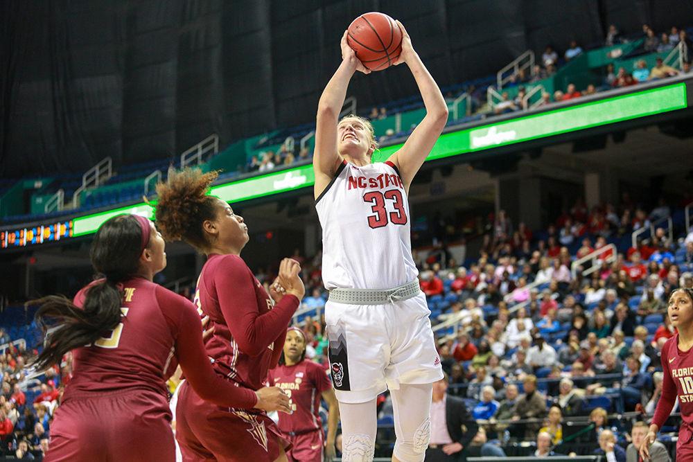 Freshman center Elissa Cunane goes up for a layup late in the fourth. Cunane led the team with 22 points during the 69-62 win over Florida State to move to the semifinals of the ACC Tournament on March 8 in Greensboro Coliseum.
