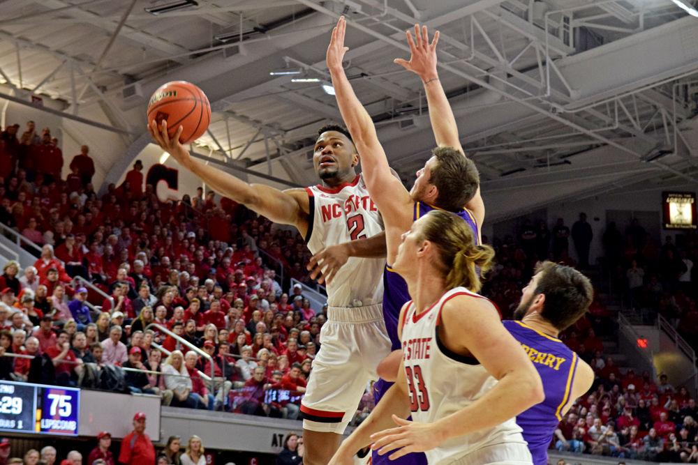 Redshirt senior guard Torin Dorn goes up for a layup against Lipscomb on Wednesday, March 27, 2019 in Reynolds Coliseum. Dorn shot 15-22 from the field and totaled 34 points in the 94&#8211;93 loss to the Bisons.