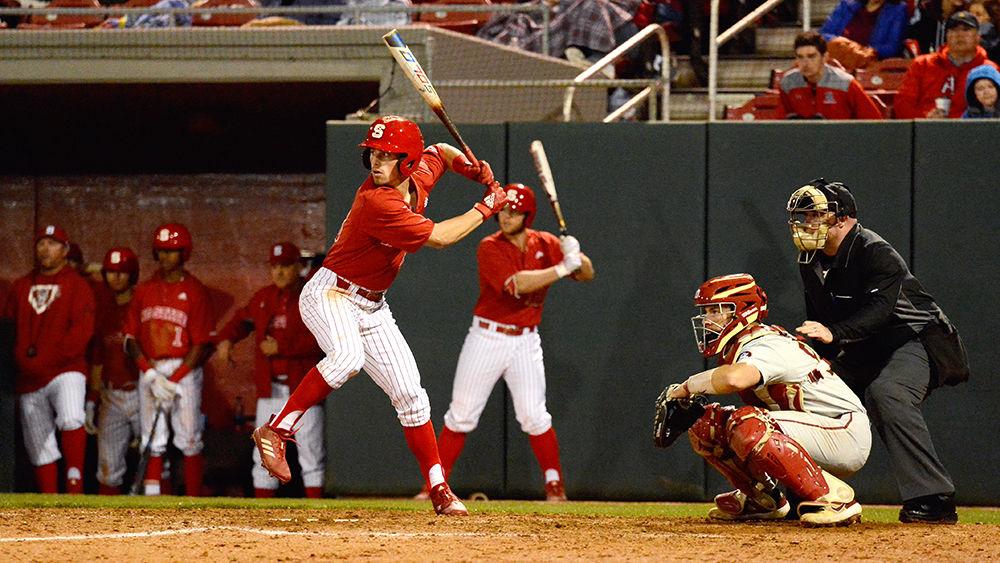 Freshman infielder McDonough bats during the game agaist Florida State, on Saturday, March 16, 2019. Mcdonough went 4-3 with two runs, a double and a strikeout scored at the Wolfpack win 9-8.