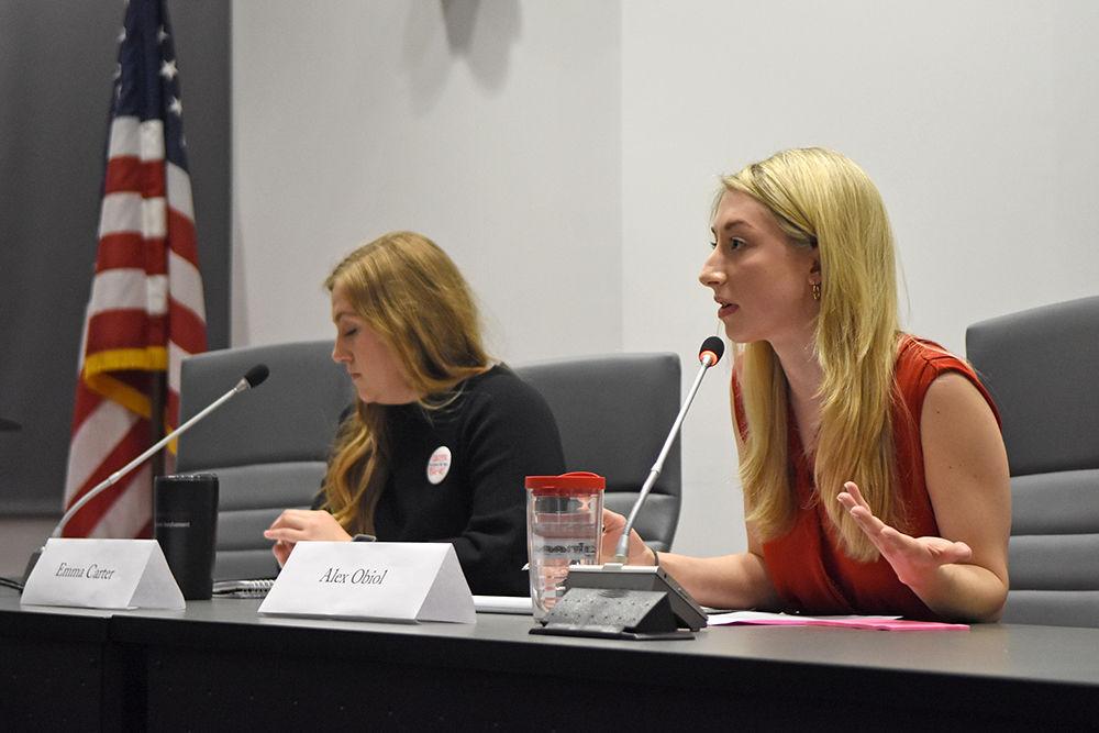 Alex Obiol, a fourth-year studying textile engineering and student body president candidate, discusses her platform during student government election debate on Thursday, Feb. 28 in the Senate Chambers in Talley Student Union.