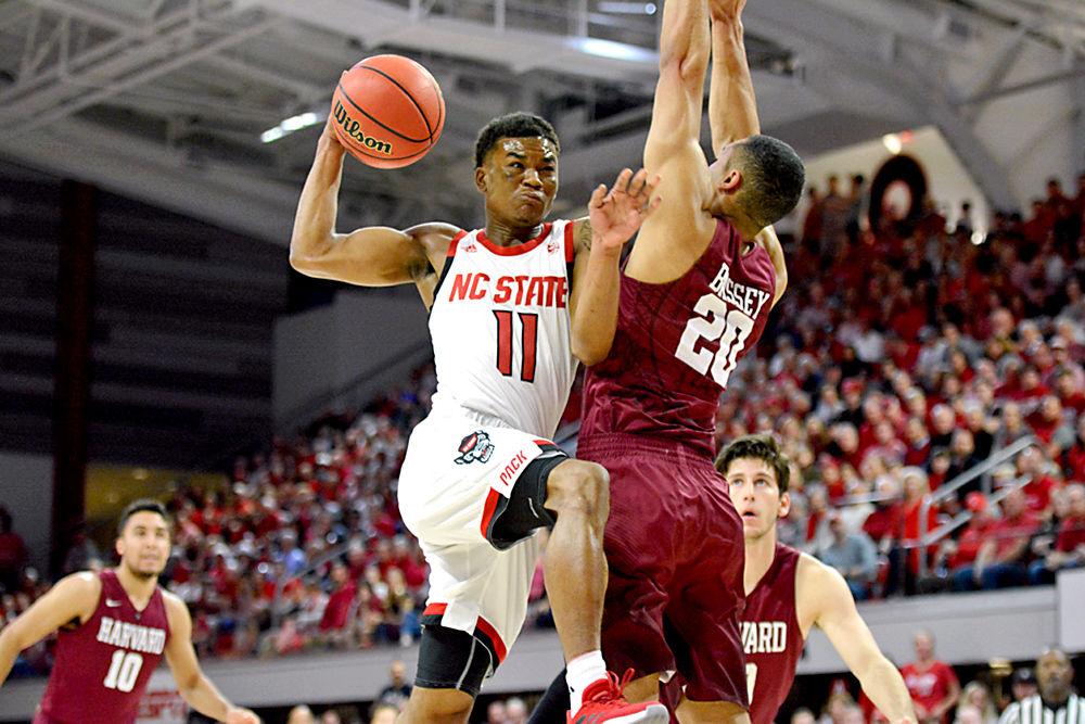 Junior guard Markell Johnson attempts a layup during NC State's second round NIT matchup against Harvard on Sunday, March 24, 2019 in Reynolds Coliseum. Johnson scored 13 points during the Wolfpack's 78-77 victory over the Crimson.