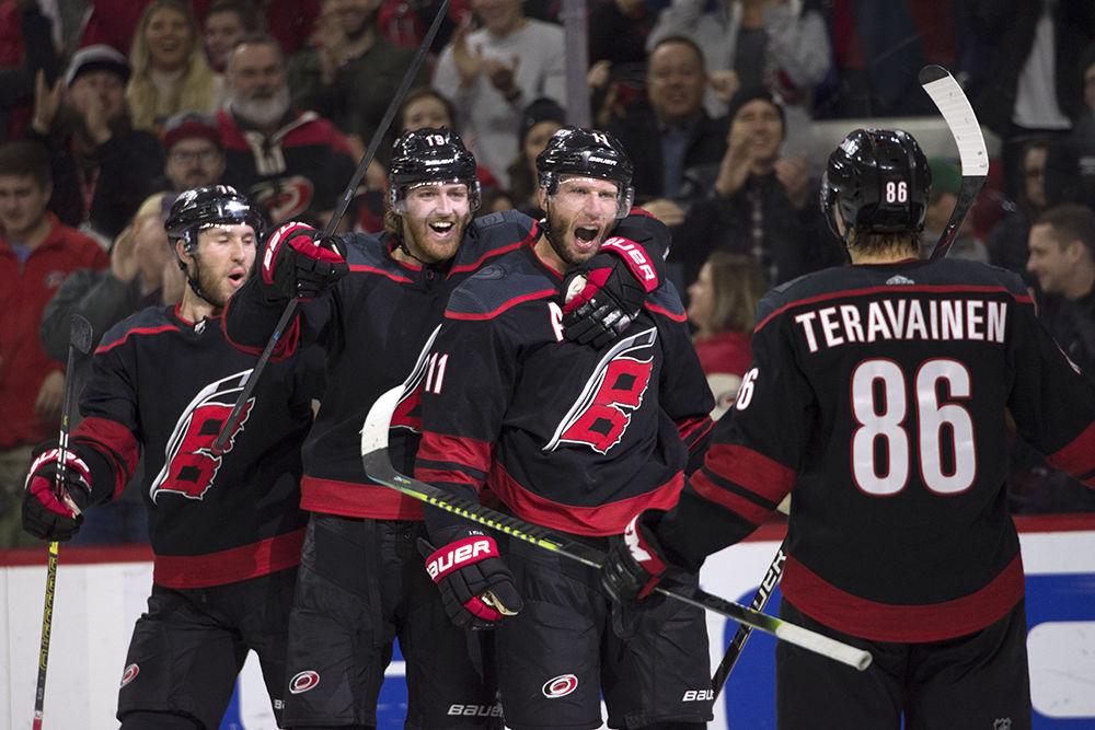 Carolina Hurricanes centerman Jordan Staal celebrates a goal with his teammates in PNC Arena, Friday, March 1 against the St. Louis Blues. Staal made the goal halfway through the third period, thanks to assists from Teuvo Teravainen and Dougie Hamiltion. The Canes won against the Blues, 5-2.