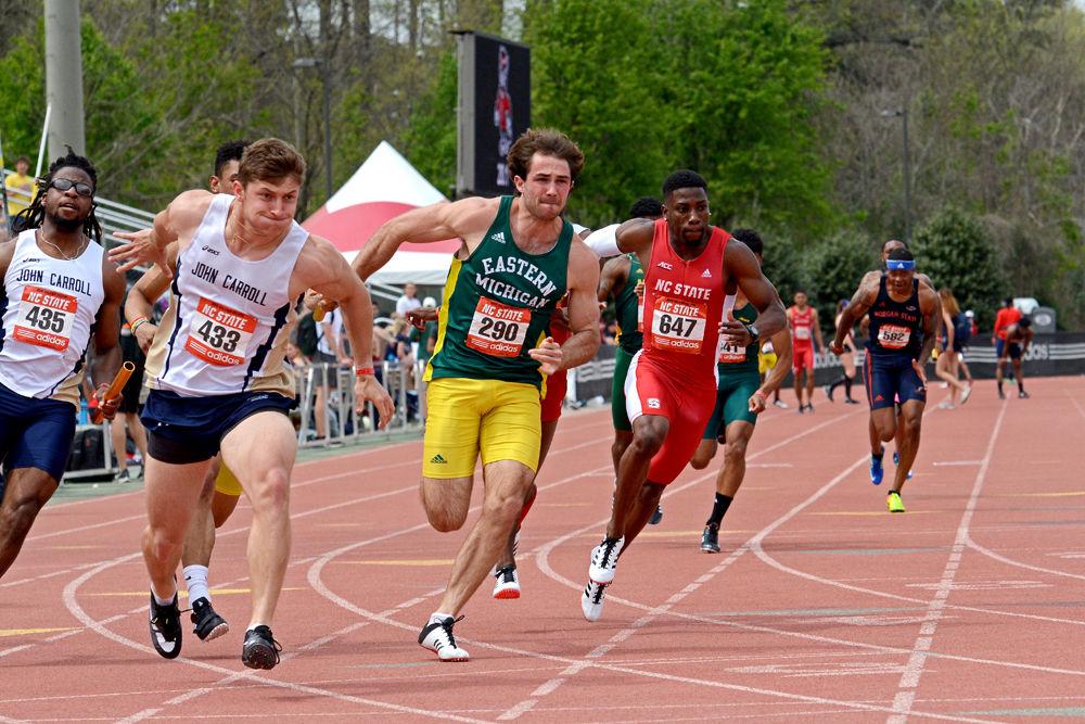 Senior Shannon Patterson competes in the 4x100-meter relay at Raleigh Relays on Saturday, March 30, 2019 at Paul Derr Track &amp; Field Facility. NC State placed first in the event, with a time of 40.00.