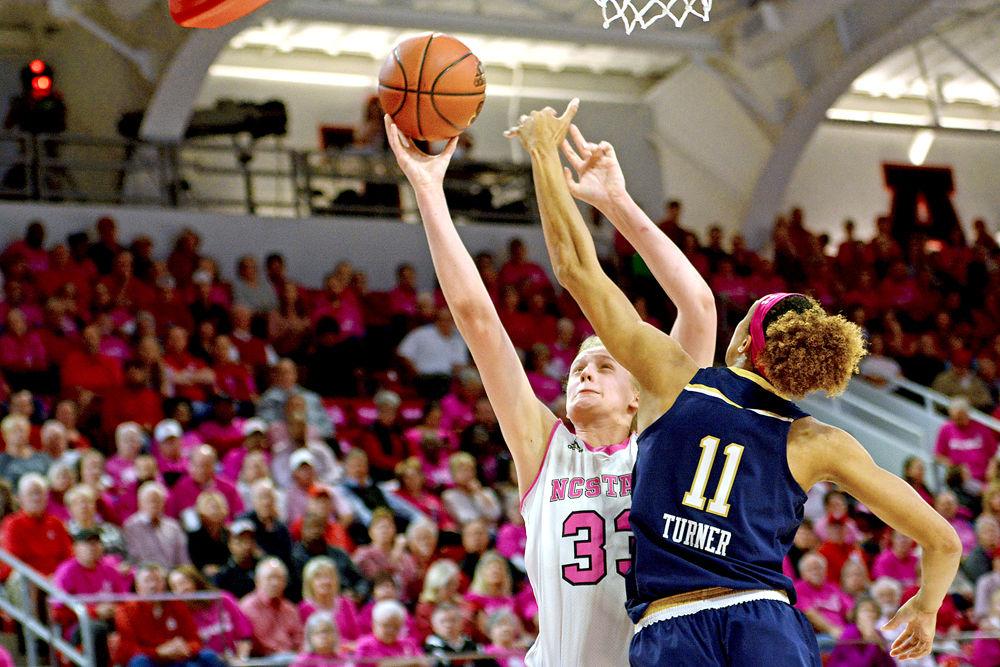 Freshman center Elissa Cunane shoots against Notre Dame forward Brianna Turner on Monday, Feb. 18, 2019 at Reynolds Coliseum. Cunane scored a game-high 28 points, going 7-of-7 from the free throw line in addition to grabbing six rebounds. The Wolfpack lost to the Fighting Irish 95-72.