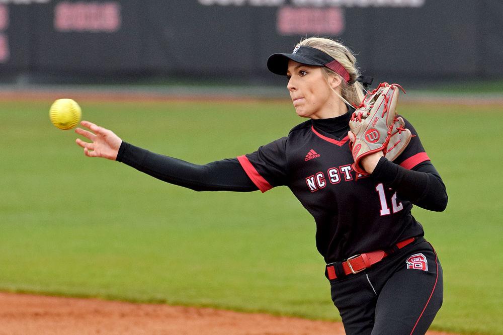 *Editor's note: the original photo has been replaced.
Senior infielder Natalie Jones throws the ball to first base against the Kansas Jayhawks on Friday March 1, 2019 in Dail Softball Stadium. The Pack beat the Kansas Jayhawks 4-1.
