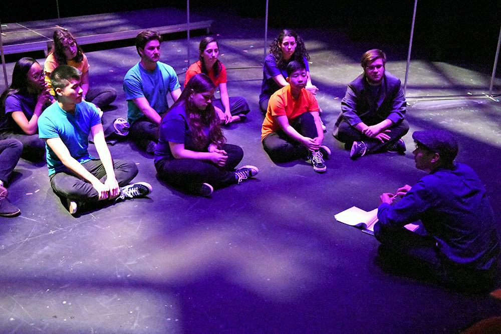 Director of A Good Little Rain, Mike Mellas, goes over the play after their dress rehearsal on Monday, March 18, in Thompson Hall. The show will run March 20-24 in Kennedy-McIlwee Studio Theatre in Thompson Hall.