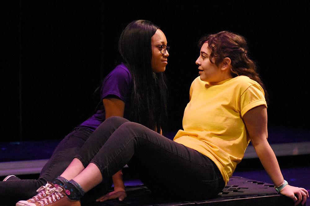 Michelle, played by Dani Coan, an engineering first year student, talks to Maliah, played by Malley Nelson, a first-year studying elementary education, about their raleionship during a dress rehearsal for A Good Little Rain on Monday, March 18, in Thompson Hall. The show will run March 20-24 in Kennedy-McIlwee Studio Theatre in Thompson Hall.