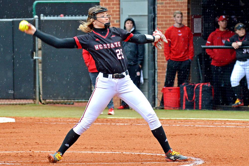 Junior pitcher Devin Wallace pitches the ball on Sunday, Feb. 17, 2019 at Dail Softball Stadium. Wallace pitched four innings, struck out six and gave up five earned runs. The Wolfpack lost 6-3.