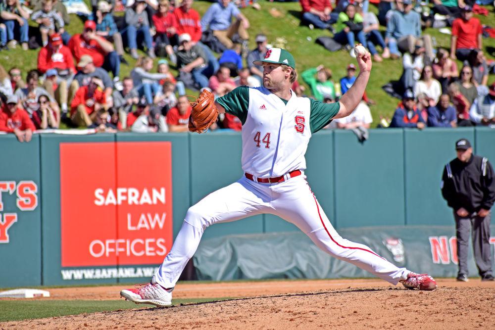 Junior pitcher Kent Klyman delivers the ball against Florida State on Sunday, March 17, in Doak Field. The Wolfpack lost 7-5 to the Seminoles, with Klyman pitching two innings and giving up one earned run.