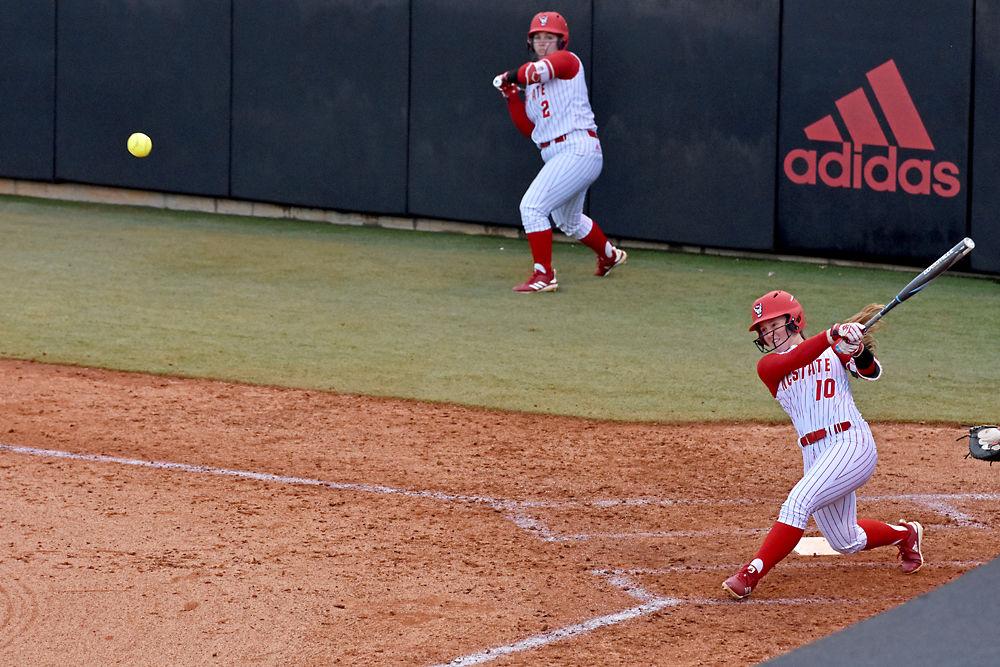 Sophomore infielder Logan Morris hits against Campbell on Saturday March 4, 2019 at Dail Softball Stadium. Morris went 2-3 with two runs, and three runs batted in. The Wolfpack won 8-0.