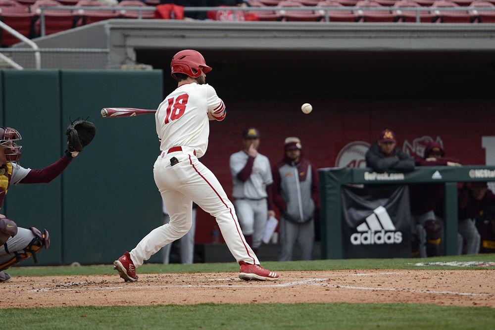 Senior infielder Evan Edwards takes a pitch against Minnesota on Sunday, March 3 at Doak Field. Edwards went 4-5 with two doubles, two runs scored and one run batted in in the Wolfpack's 5-4 walk-off win over Minnesota.