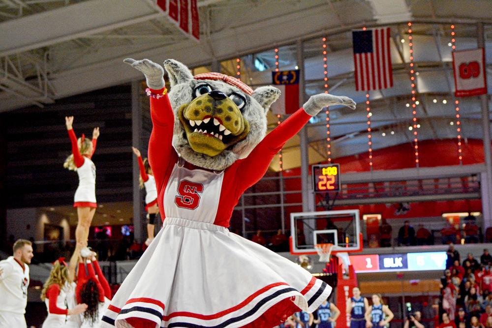Ms. Wuf entertains the crowd during a timeout in the game against Maine on Saturday, March 23, 2019 at Reynolds Coliseum. The Wolfpack won 63-51.