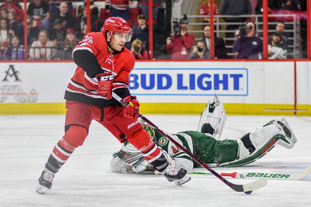 Carolina Hurricanes right wing Teuvo Teravainen skates past the Minnesota Wild goalie and scores on Saturday, March 23, 2019 in PNC Arena. Teravainen also had two assists against the Wild. The Hurricanes beat the Wild 5-1.