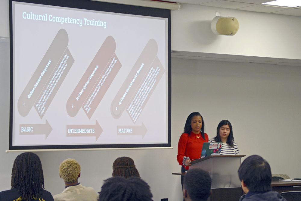 Shelsey Hall, a fourth-year studying philosophy and political science, and Sam Chan, a third-year studying political science and business administration, lead the Racial Climate Town Hall on Wednesday, March 6 at Witherspoon Student Center. NC State Student Government hosted the event and informed attendees of plans to implement proactive strategies like cultural competency training to promote awareness of cultural diversity.