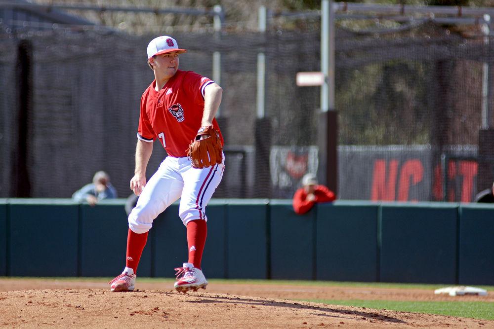 Junior pitcher Jason Parker winds up to throw during the first game of the doubleheader against Minnesota on Saturday, March 2, 2019 in Doak Field. The Wolfpack won 3-2, with Parker pitching 5.1 innings, striking out four and giving up four hits and one earned run.