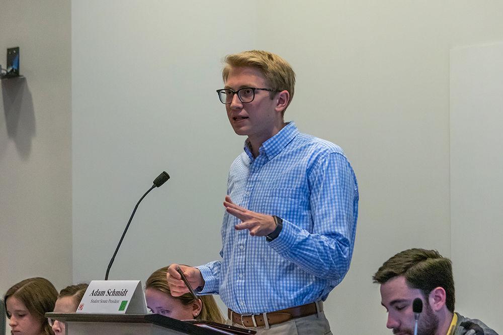 Student Senate President Adam Schmidt, a third-year studying civil engineering, addresses the Student Senate in Talley Student Union on March 6. Student senate meetings are held on a bi-weekly basis in the Student Senate Chambers in room 4140.