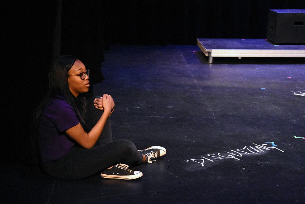 Michelle, played by Dani Coan, an engineering first year student, reflects on her muddled state of mind during a dress rehearsal for A Good Little Rain on Monday, March 18 in Thompson Hall. The show will run March 20-24 in Kennedy-McIlwee Studio Theatre in Thompson Hall.