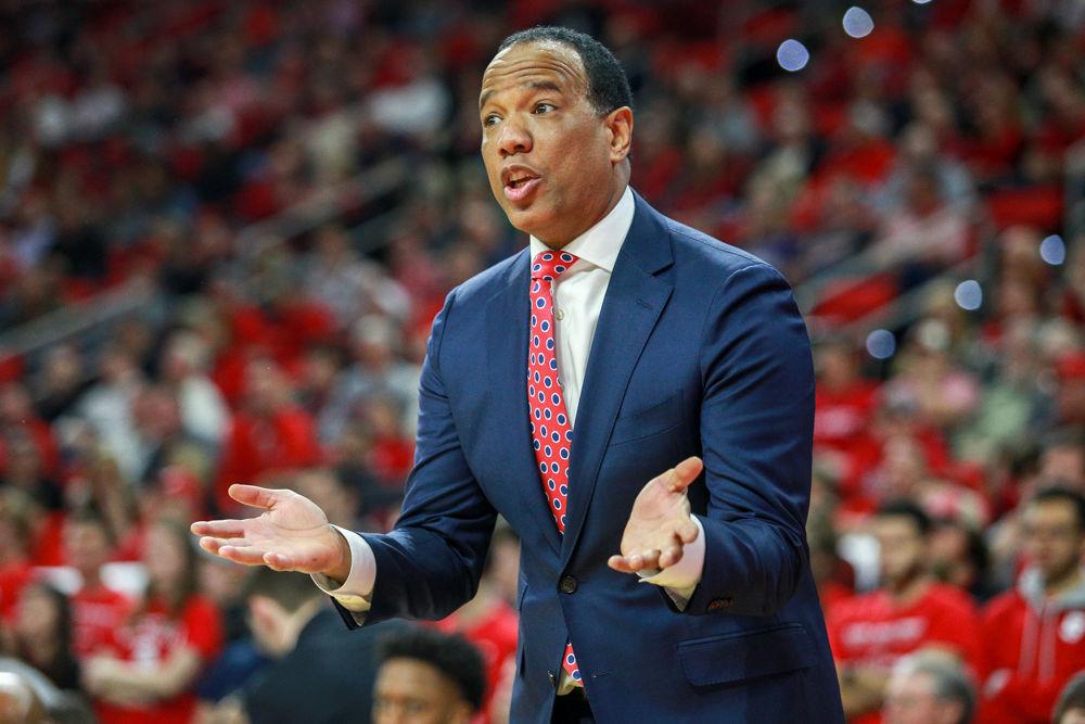 Head coach Kevin Keatts pleads with referee John Higgins to call fouls on the 50-50 plays during the 63-61 loss to Georgia Tech on Wednesday, March 6 in PNC Arena.