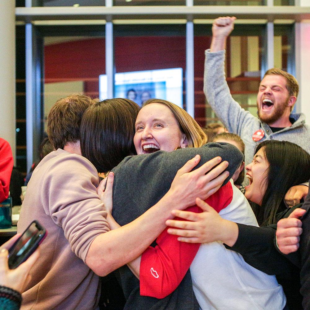 Student Body President Jess Errico, a fifth-year studying mechanical and aerospace engineering, and Vice President Meredith Spence Beaulieu, a Ph.D. student studying entomology and plant pathology, hug at the announcement of their election on March 1, 2018, in Talley Student Union.