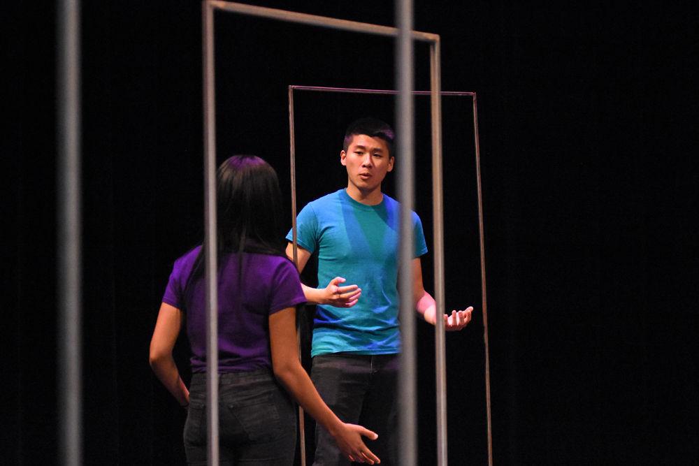 Michelle, played by Dani Coan, a first-year in engineering, faces her inner version of Amal, played by Richard Dong, a first-year majoring in art studies,&#160;during a dress rehearsal for &#8220;A Good Little Rain&#8221; on Monday, March 18, 2019 in Thompson Hall. The show ran March 20-24 in Kennedy-McIlwee Studio Theatre in Thompson Hall.