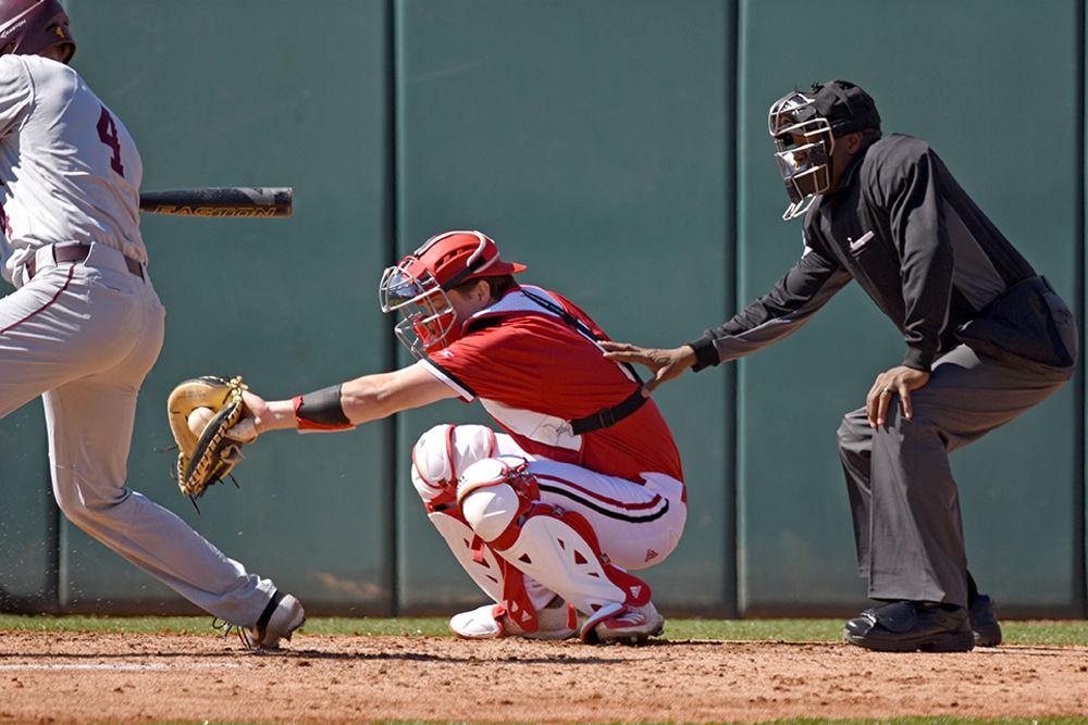 Sophomore catcher Patrick Bailey catches a pitch against Minnesota on Saturday, March 2, 2019 at Doak Field. Bailey went 0-2 as the Wolfpack won 3-2.