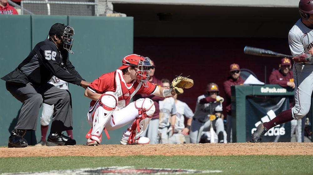 *Editor's note: the original photo has been replaced.
Sophomore catcher Patrick Bailey waits for the ball on Saturday, March 2, at Doak Field. The Wolfpack beat the Gophers 3-2 during the first game of the doubleheader. Bailey went 0-2 with two walks.
