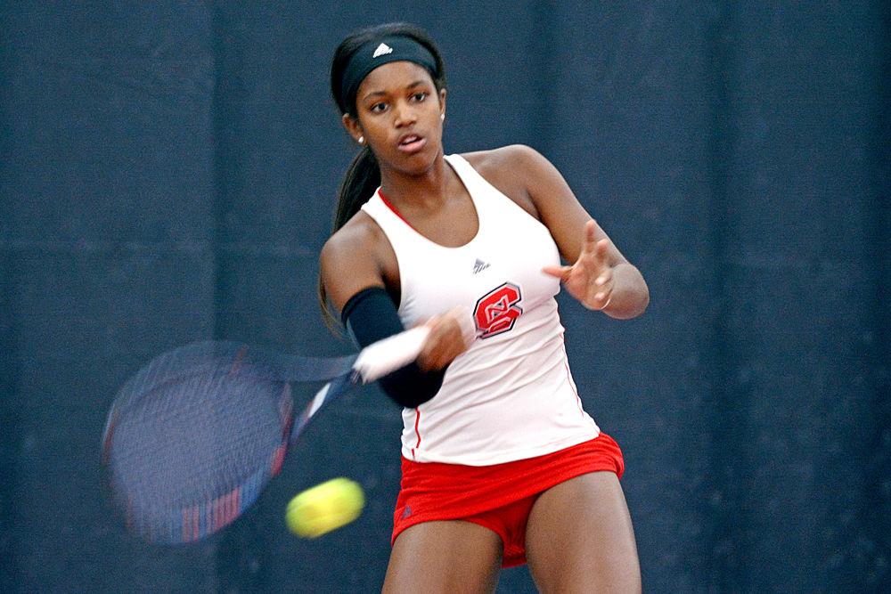 NC State's Alana Smith returns a volley against Louisville on Friday, March 1 at J.W. Isenhour Tennis Center. The No. 11 Wolfpack won 6-1.