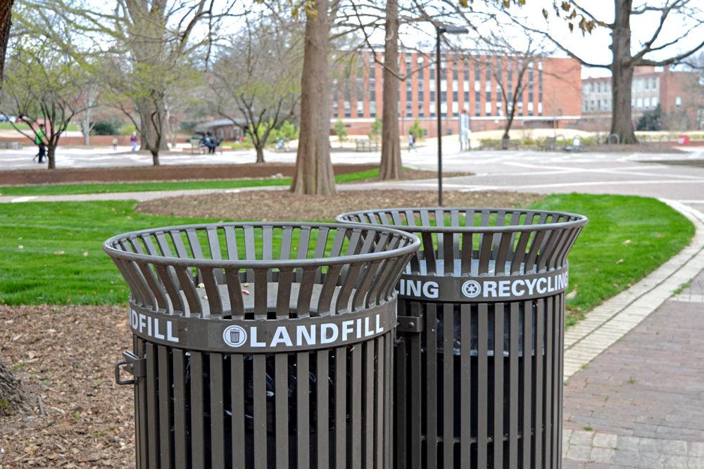 Recycling bins are located next to trashcans around campus, providing easy access to recycling.