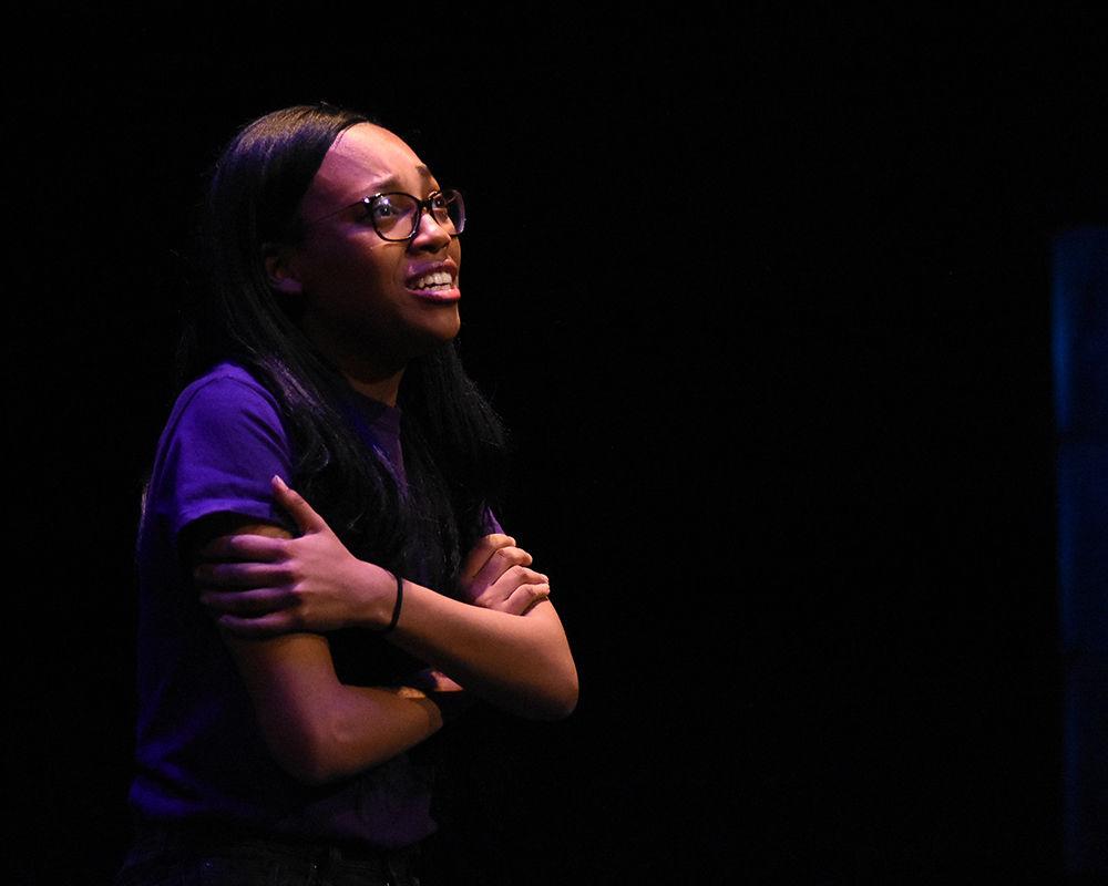 Michelle, played by Dani Coan, an engineering first year student, talks to herself during a dress rehersal for A Good Little Rain on Monday, March 18, in Thompson Hall. The show will run March 20-24 in Kennedy-McIlwee Studio Theatre in Thompson Hall.