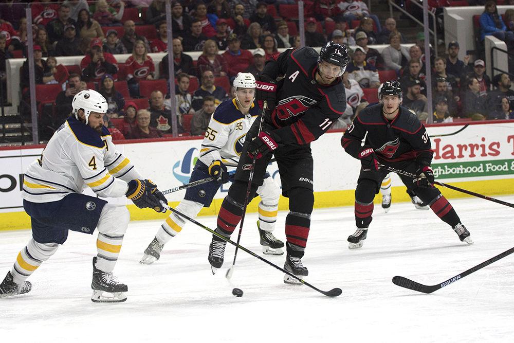 Center Jordan Staal takes a shot on goal during the game against the Buffalo Sabres in PNC Arena, Saturday, March 16. The Canes won 4-2 at home.&#160;