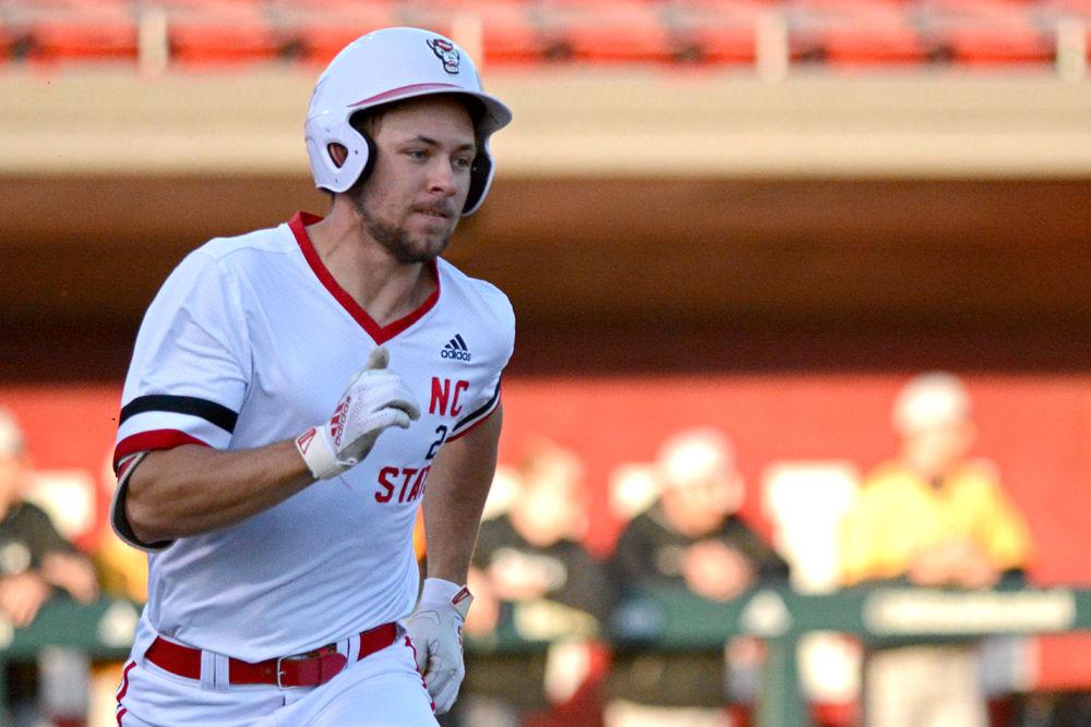 Sophomore outfielder Jonny Butler sprints to first base against Towson on Tuesday, March 19, 2019 at Doak Field. Butler went 4-4 with one double, four runs scored, two runs batted in and one walk in the Wolfpack&#8217;s 11-1 win.