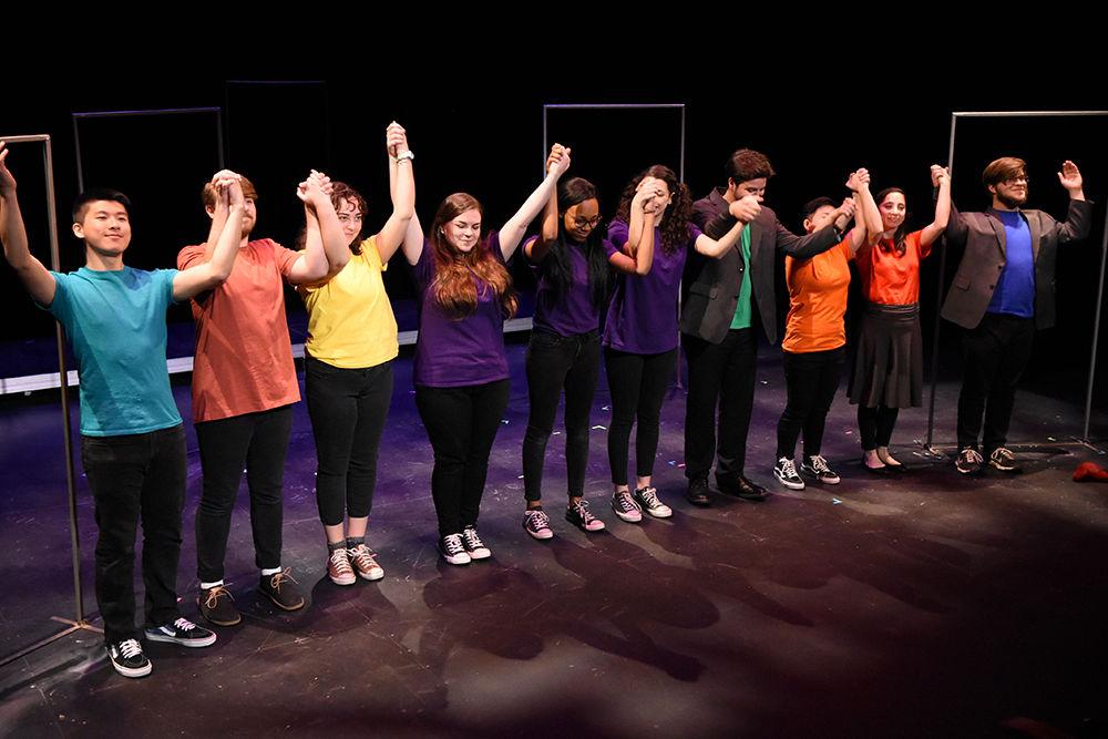 The cast of A Good Little Rain bow together after their dress rehearsal on Monday, March 18 in Thompson Hall. The show will run March 20-24 in Kennedy-McIlwee Studio Theatre in Thompson Hall.