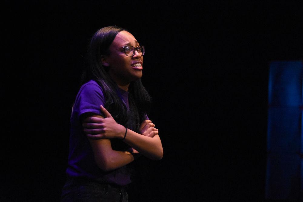 Michelle, played by Dani Coan, a first-year in engineering, talks to herself during a dress rehearsal for &#8220;A Good Little Rain&#8221; on Monday, March 18, 2019 in Thompson Hall. The show ran March 20-24 in Kennedy-McIlwee Studio Theatre in Thompson Hall.