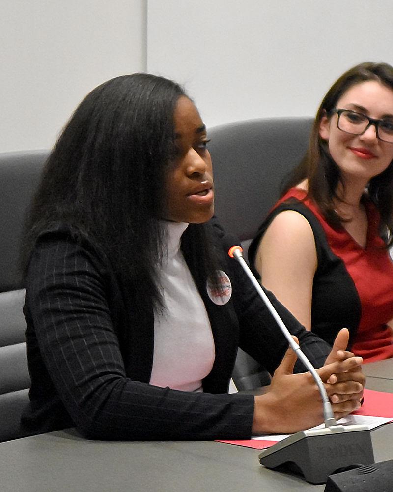 Student body vice president candidate Nicole Teague, a third-year studying business administration, talks at the student government election debate in the Senate Chambers in Talley Student Union on Thursday, Feb. 28.
