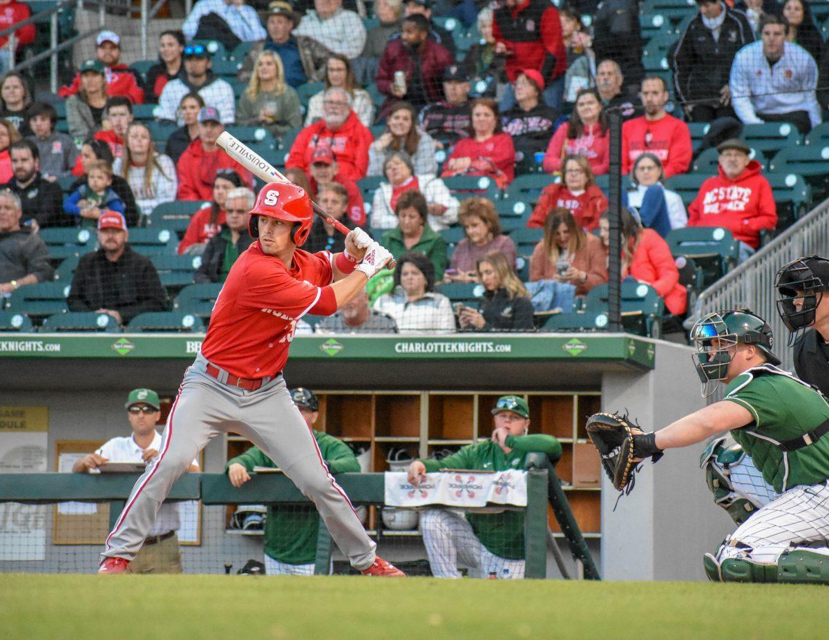Freshman infielder Tyler McDonough stands up to bat during the game versus UNC-Charlotte on Tuesday, March 12, 2019 in the BB&amp;T Ballpark. The Wolfpack beat the 49ers 6-5.