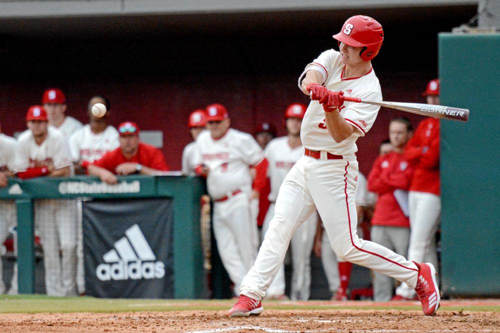 Sophomore catcher Patrick Bailey bats against Bucknell on Friday, Feb. 15, 2019 at Doak Field. Bailey went 1-5 with two strikeouts, one RBI and one run scored in the Wolfpack&#8217;s 8-2 win.