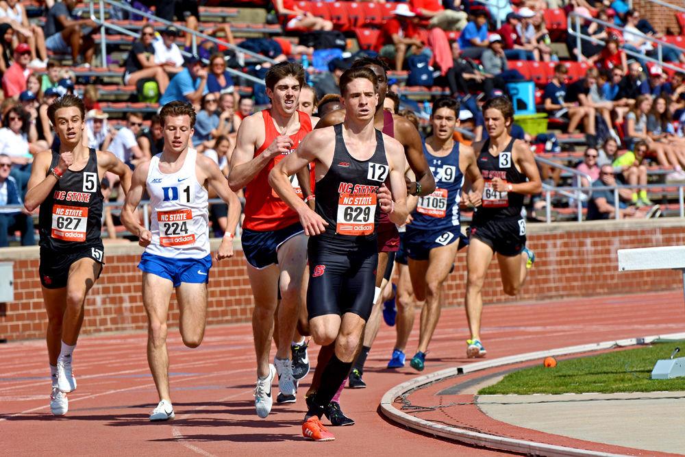 Redshirt sophomore Tim Bason leads the 1500-meter run during Raleigh Relays on Friday, March 29, 2019 at Paul Derr Track &amp; Field Facility. Bason placed 5th in his section and 47th overall, with a time of 3:53.88.