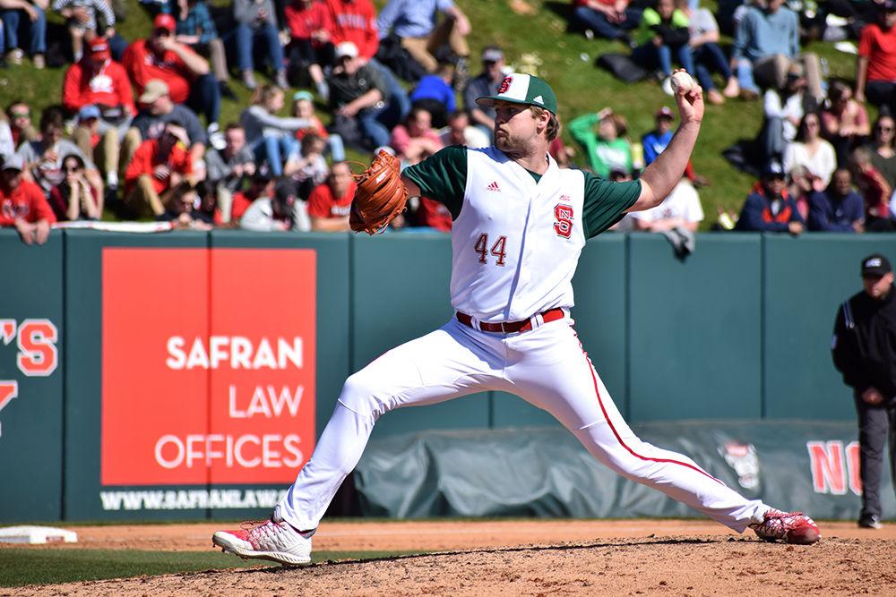 Junior pitcher Kent Klyman delivers the ball against Florida State on Sunday, March 17, in Doak Field. The Wolfpack lost 5-7 to the Seminoles, with Kent pitching 2.0 innings and 1 earned run.