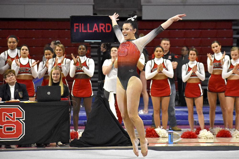 Senior Caitlyn Fillard dances across the floor on Friday, Feb. 22, 2019. NC State won the tri-meet against William and Mary and Western Michigan with a final score of 195.350.