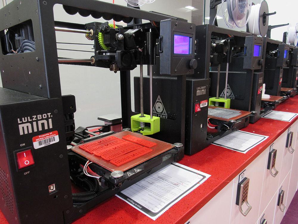 These Lulzbot Mini desktop 3D printers are located at the D. H. Hill Makerspace on the first floor of D. H. Hill Library. The Makerspace is a collaborative space that gives students and faculty access to a wide range of technology, including 3D printers, electronics platforms and laser cutters. 