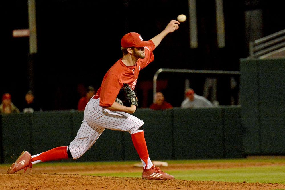 Sophomore pitcher Nick Swiney pitches the ball during the game against Florida State, on Saturday, March 16, 2019. Swiney went 2.1 innings, giving up two earned runs as the Wolfpack won 9-8.