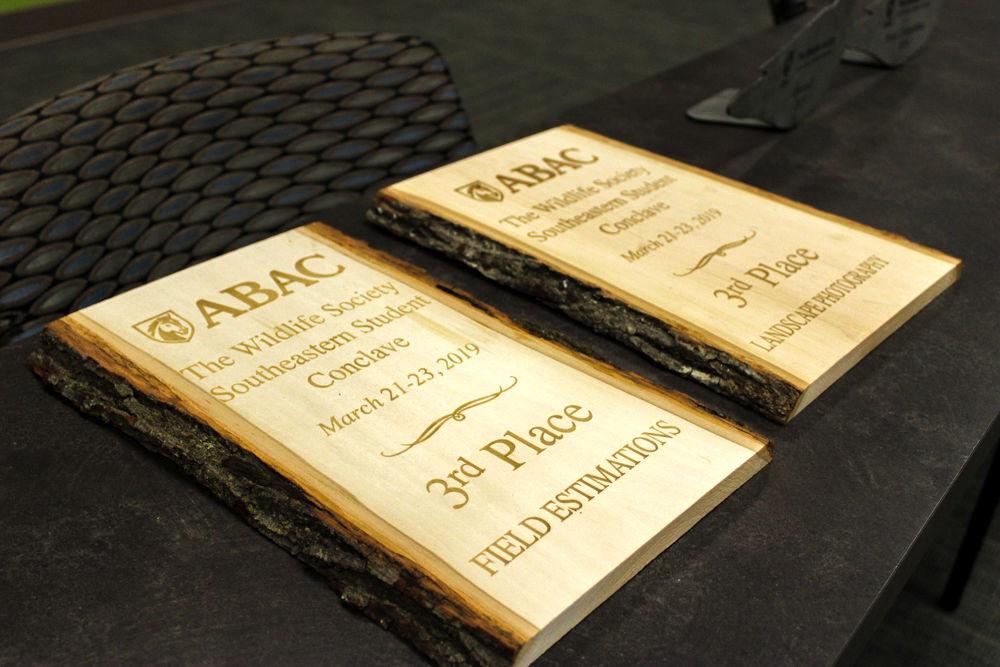 The awards won at the recent Conclave competition sit on display at the Leopold Wildlife Club meeting in Jordan Hall on Monday, March 25.&#160;The club is open to all NC State faculty and students interested in wildlife conservation.