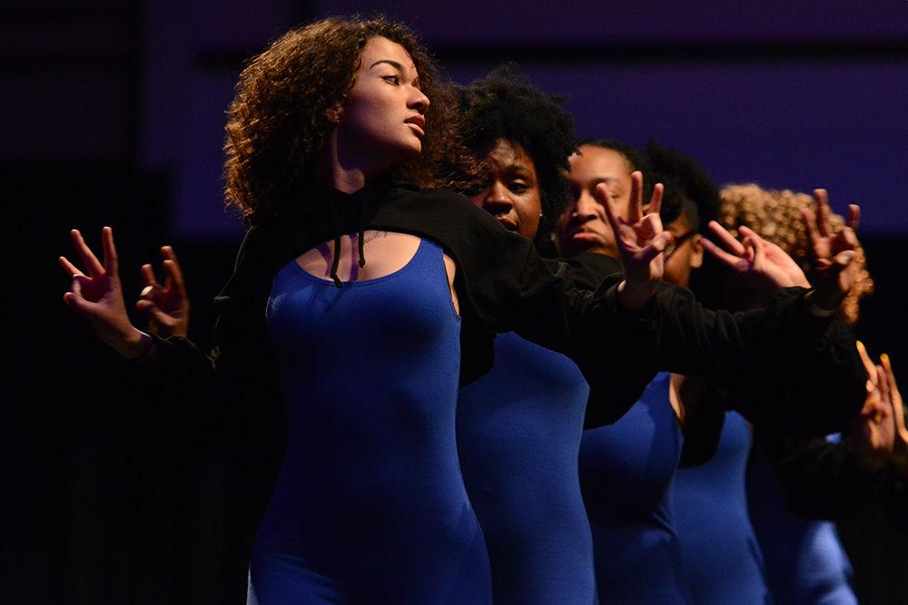 Members of the Sigma Gamma Rho sorority perform at the Pan-Afrikan Stroll Off, hosted by the National Pan-Hellenic Council on Saturday, April 13, at the State Ballroom in Talley Student Union.